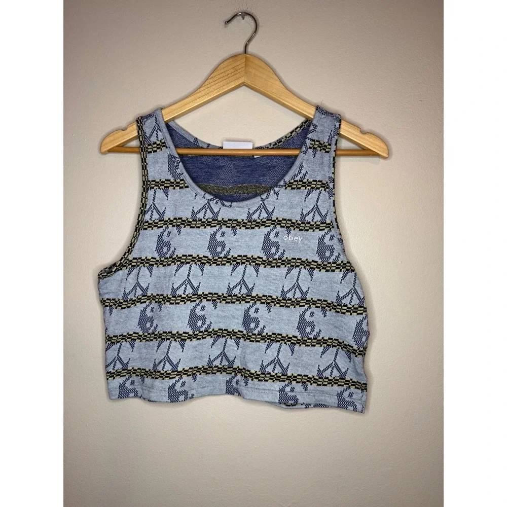 Obey Womens Blue Peace Sign Knit‎ Crop Tank Top Medium Streetwear Cotton